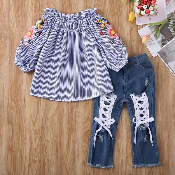 2020 Bebê Primavera Outono Roupa criança Meninas Meninos Bordados Flower Alças Tops Denim Calças Jeans Roupa 2PCS 3Y-T8