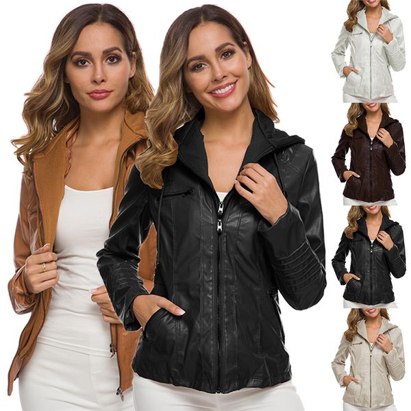 

женские съемная капюшоном искусственные кожаные куртки, Black