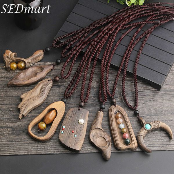 

sedmart vintage sandalwood natural stone pendant necklace for women and girls long sweater chain adjustable jewelry giftsouvenir, Silver