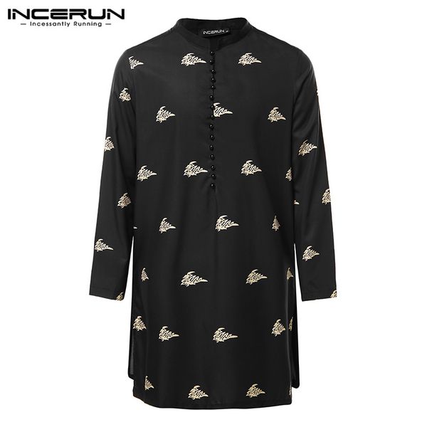 

long sleeve men shirts printed vintage button streetwear 2019 stand collar long shirts men casual pullovers incerun, White;black