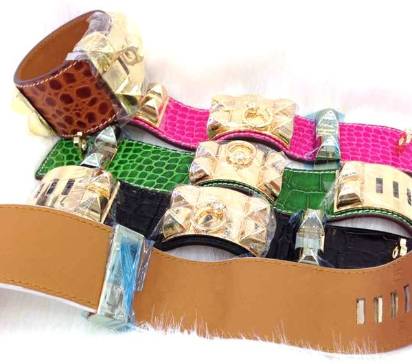 

wholesale h bangle crocodile pattern four studded leather rivet leather bracelet exaggerated punk wind wide bracelet fashion h bracelet, Black