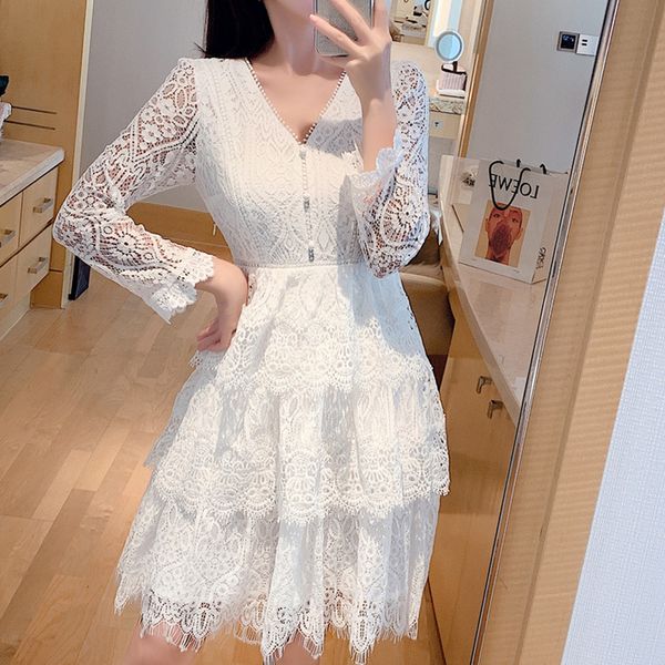 

new woman dress white lace v-neck elegant party dresses female winter long sleeve black lace dress runway vestidos, Black;gray