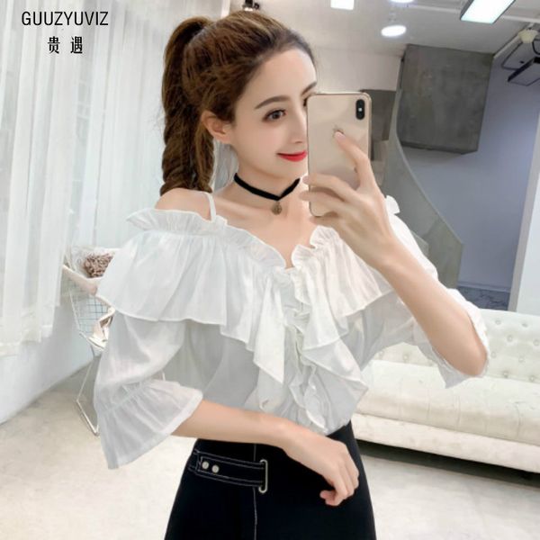 

guuzyuviz strapless sling ruffles chiffon blouse woman off shoulder plus size white shirt women