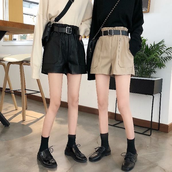 

women's autumn 2019 new korean style versatile high waist wide leg shorts small subnet red pu leather trend, White;black