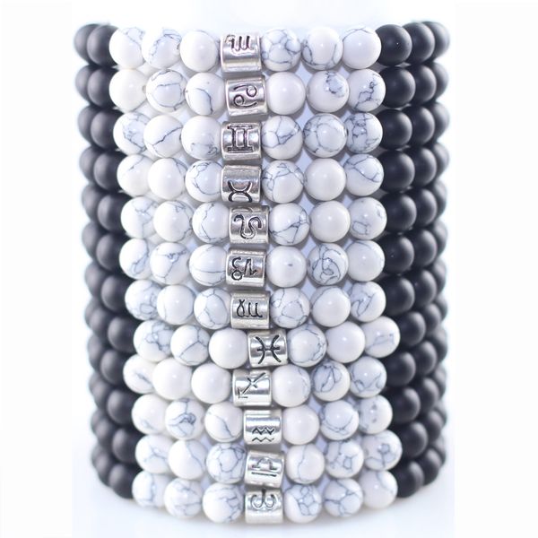 

12 zodiac signs 8mm matte stone white elastic beads bracelets vintage constellation horoscope bracelets jewelry for men women, Golden;silver