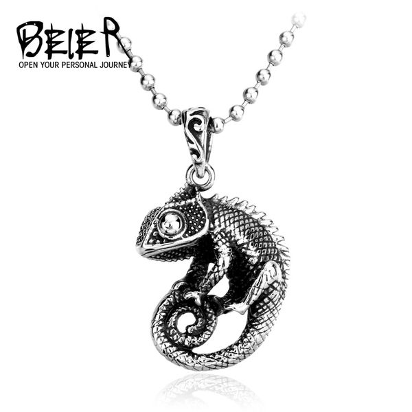

beier punk good detail unique 3d lizard pendants necklace stainless steel chain cute animal gift jewelry for men bp8-065, Silver