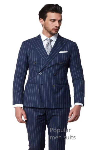 

2018 men prom wedding double breasted navy blue stripe suit groomsmen groom tuxedos formal terno masculino 2pcs (jacket+pants, White;black