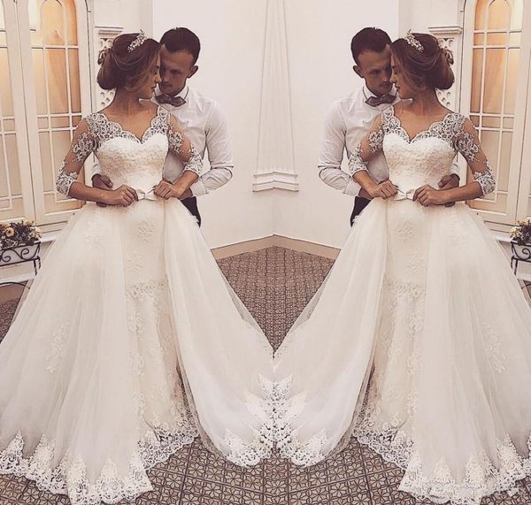 

2019 mermaid wedding dresses sweetheart three quarter sleeves lace appliques beaded illusion bow detachable skirt custom formal bridal gowns, White