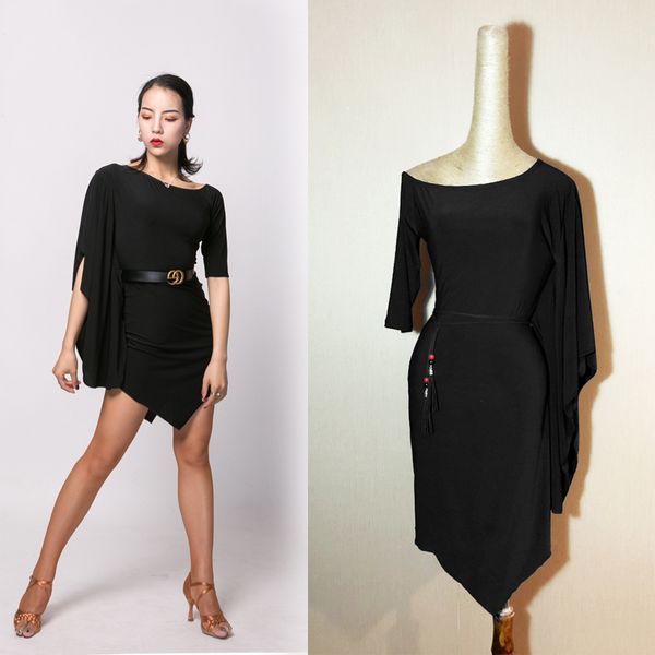 

new latin dance costumes black bat-sleeve rumba dance dress professional latin competition costumes samba outfit dql2780, Black;red