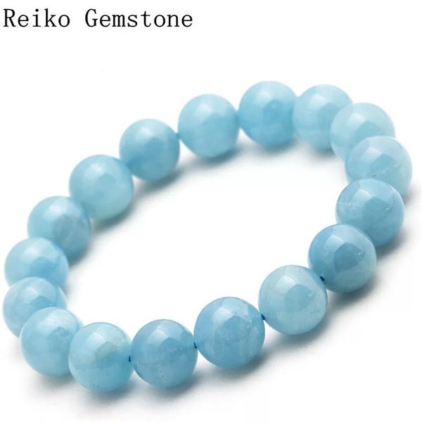 

7mm-14mm genuine blue natural aquamarine gemstone crystal round bead stretch bracelets for women and men natural stone bracelet, Golden;silver
