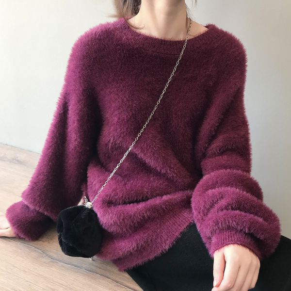 

2019 winter women mohair sweater long sleeve round collar knitted pullover sweaters stylish loose street knitwear purple, White;black