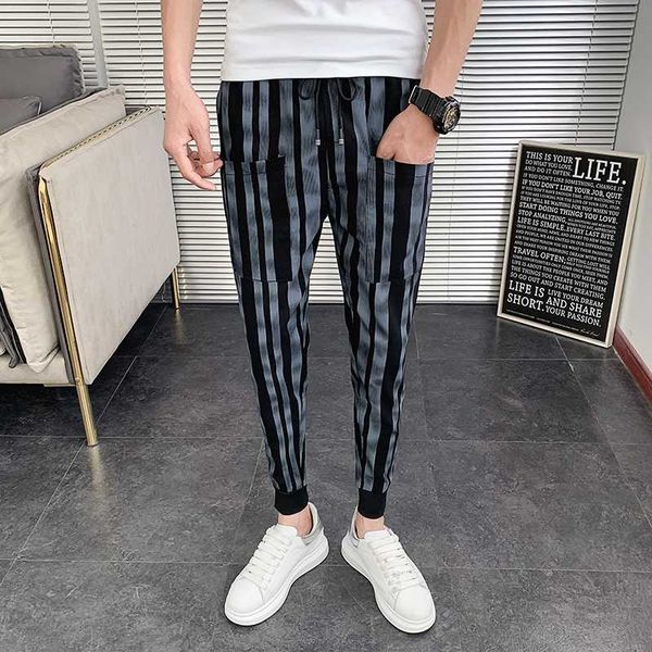 

summer breathable casual pants men fashion 2020 front pockets slim fit men striped pants all match hip hop joggers trousers, Black