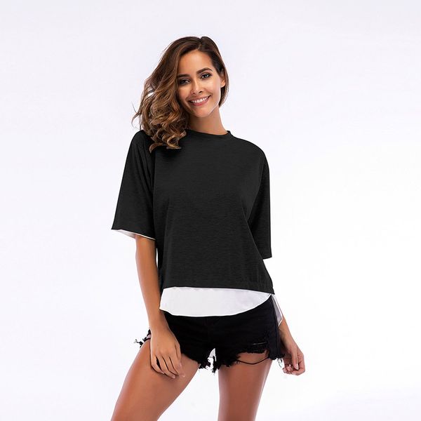 

summer round collar stitching loose casual t-shirts women plus size, White