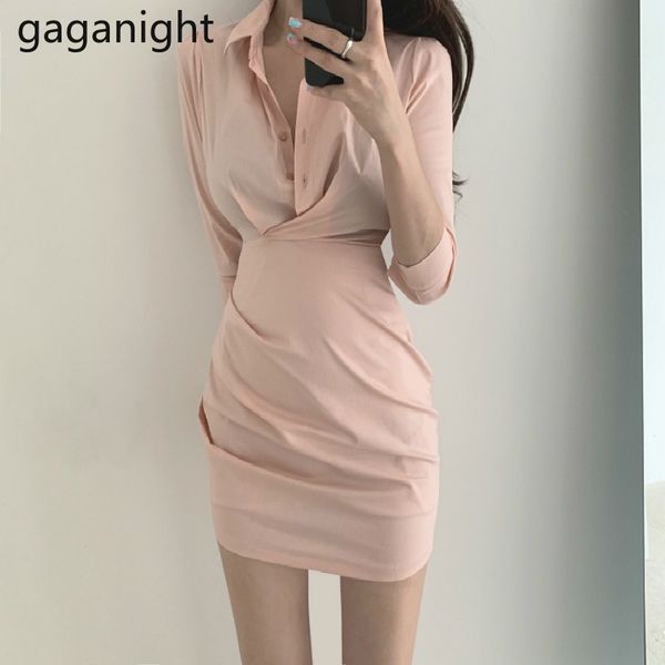 

gaganight elegant women short dress three quarter sleeve lapel single breasted slim bodycon dresses solid vestido 2020 summer, Black;gray