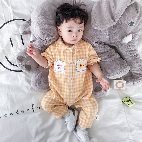 

mini babe city spring new baby jumpsuit childrens outing clothes cartoon plaid patch baby romper, Blue