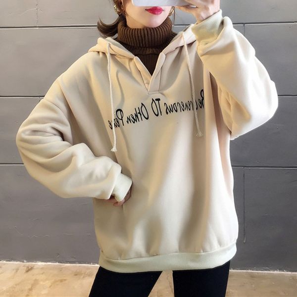 

new hoodies women winter warm v-neck fashion letter print long sleeve hooded pullover korean loose women's sweatshirt, Black