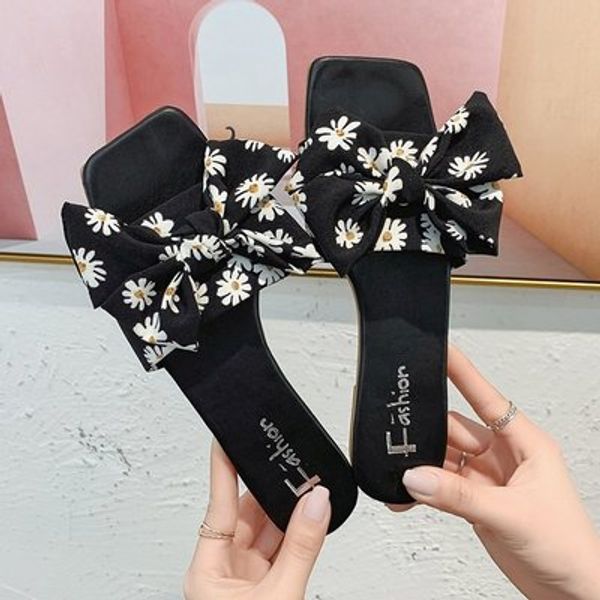 

daisy slippers women 2020 new net red comfortable square toe soft bottom word sandals women fashion butterfly-knot flats slides, Black