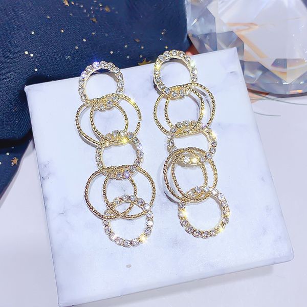 

fashion crystal long dangle rhinestone circle earrings women 925 silver needle wedding party earring jewelry 2020