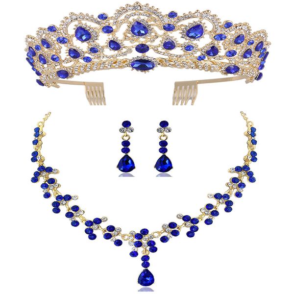 

blue crystal bridal jewelry sets necklaces earrings tiaras sets african beads jewelry party wedding engagement, Silver