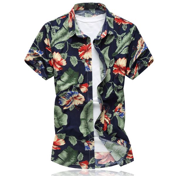 

men's short sleeve shirt 2019 spring summer new hawaiian holiday wind floral print slim big size trendy cotton shirt -6xl, White;black