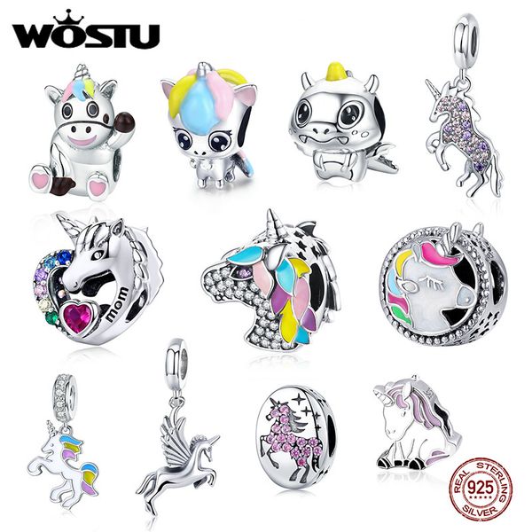 

wostu 100% 925 silver unicorn единорог бисера мотаться подвески fit браслет ожерелье циркон бусы для изготовления ювелирных изделий, Bronze;silver