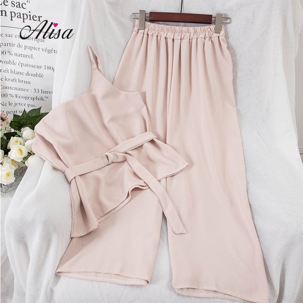 

summer chiffon women's sets camisole t-shirt + broad leg pants fashion casual 2 pcs set 2018 new korean female solid loose suit, White