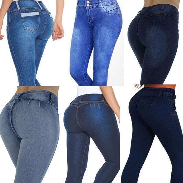 

2020 women high stretch jeans high waist buliftting slim fit denim cropped pants washed jeggings skinny trousers, Blue