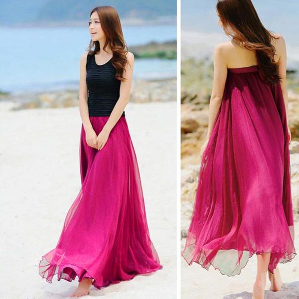 

women chiffon skirts bohemia stretch high waist solid a-line long skirt casual pleated maxi skirt faldas saias streetwear #t2g, Black