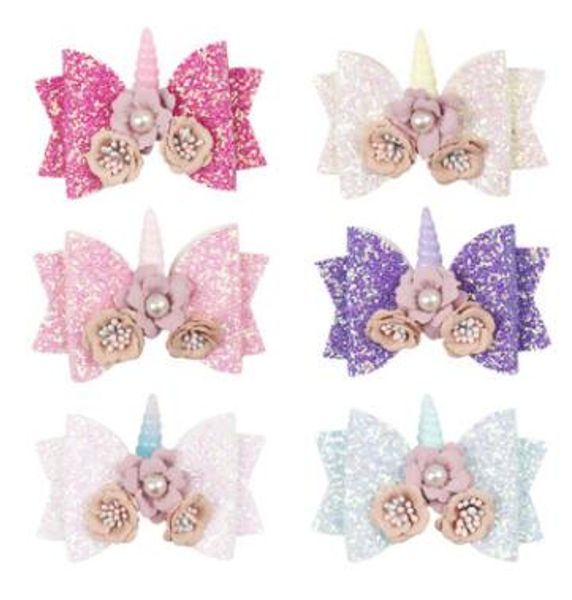 

hair accessories hair bows for girls kids layers glitter clips pearls floral unicorn bowknot hairpins, Slivery;white