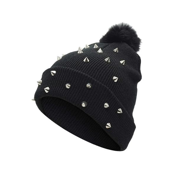 

comfortable beanie fashion personality hat punk rivet hair ball autumn and winter hats knit women's wool hat warm cover head cap, Blue;gray