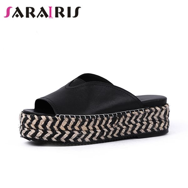 

sarairis 2019 brand new consice flat platform slippers women's summer cow leather peep toe slippers women casual shoes woman, Black