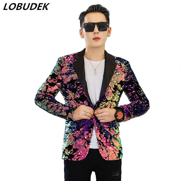 

men flipping sequins pink suit jackets glittering paillette blazers coat nightclub singer vocal concert stage costume host show, White;black