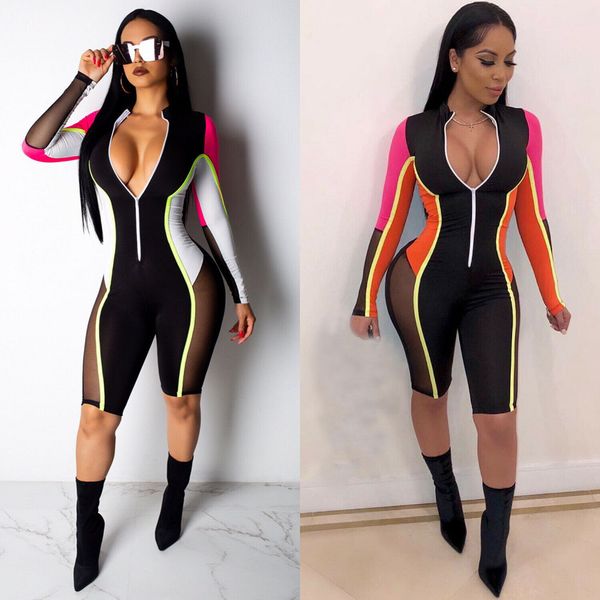 

women long sleeves cropped jumpsuit colors patchwork mesh bodycon sports coveralls js25, Black;white