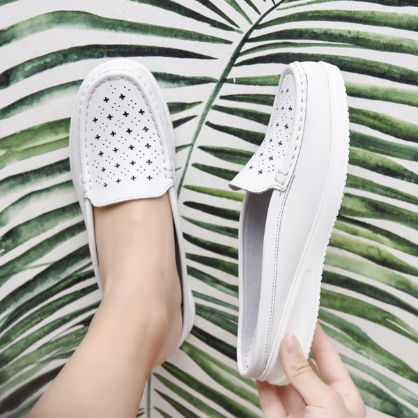 

genuine leather white wedges sandals shoes woman plus size 35-41 women platform half slippers round toe hollow lady slides shoes, Black