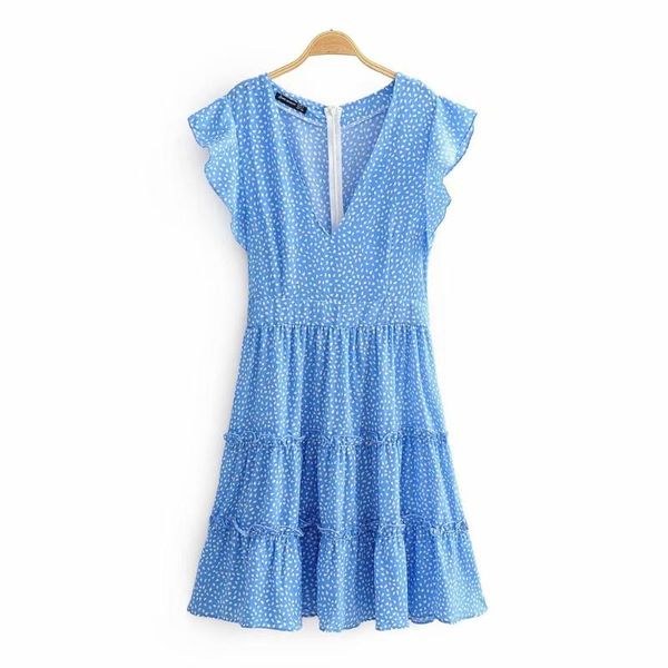 

new 2020 women v neck print casual slim ruffles mini dress female back zipper agaric lace vestidos chic holiday dresses ds3734, Black;gray