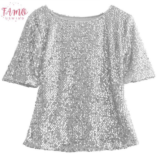 

fashion high street ladiesclothes short sleeve round neck glistening sequin blouse slim shirts unique design solid blouses, White