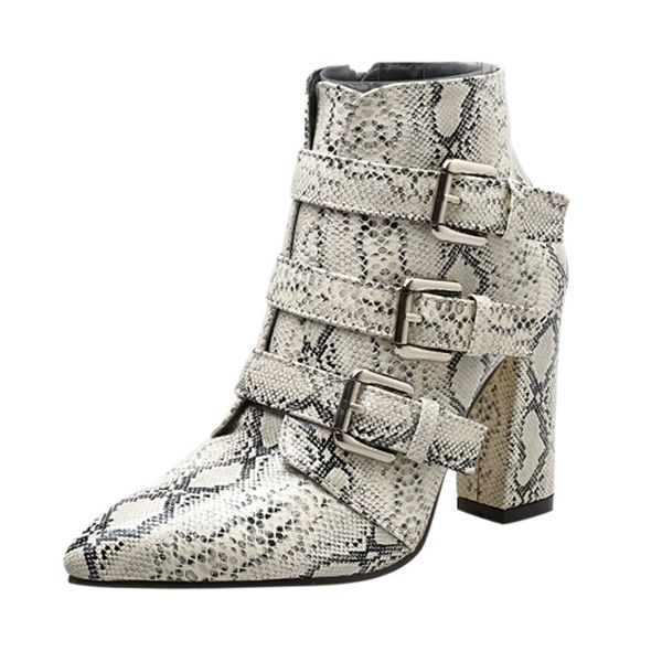 

snakeskin pattern high heels women snakeskin pattern toe zip belt buckle thick pointed booties shoes boots bota feminina #smt, Black