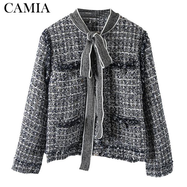 

camia plaid bow grey wool long sleeve coat winter jacket women 2019 office clothes, Black;brown