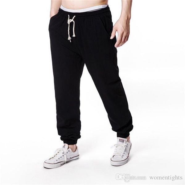 

loose cotton and linen drawstring pants solid color ankle banded pants fashion hip pop mens shorts, Black