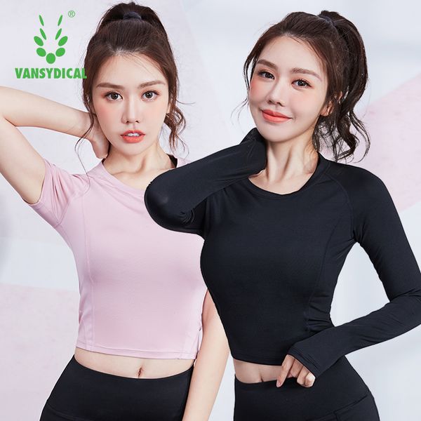 

vansydical yoga shirt women compressed crop quick dry sportswear for women gym running short long sleeve workout top, White;red