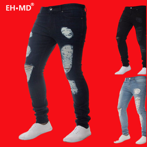 

eh · md® сплошного цвета большого отверстия джинсы мужского хлопок высокого stretch elastic карандаш брюки дышащие тонкий удобные герметичны, Blue