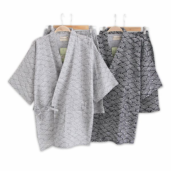 

100% cotton short pyjamas men short sleeves sleepwear simple wave japanese kimono pajamas sets shorts homewear bathrobe bedgown, Black;brown