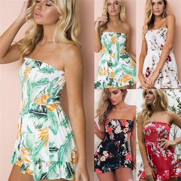 

2019 fashion women summer floral print sleeveless backless vintage jumpsuit playsuit girl strapless beach shorts, Black;white