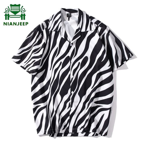 

мужская zebra печати рубашка пляжное отпечатано с коротким рукавом рубашки мужчины женщины 2020 гавайи негабаритные мода harajuku уличная to, White;black
