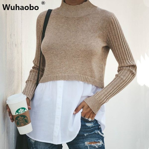 

wuhaobo fashion autumn winter jumper sweater shirt women pullover long sleeve mock neck patchwork black knitted sweaters, White;black