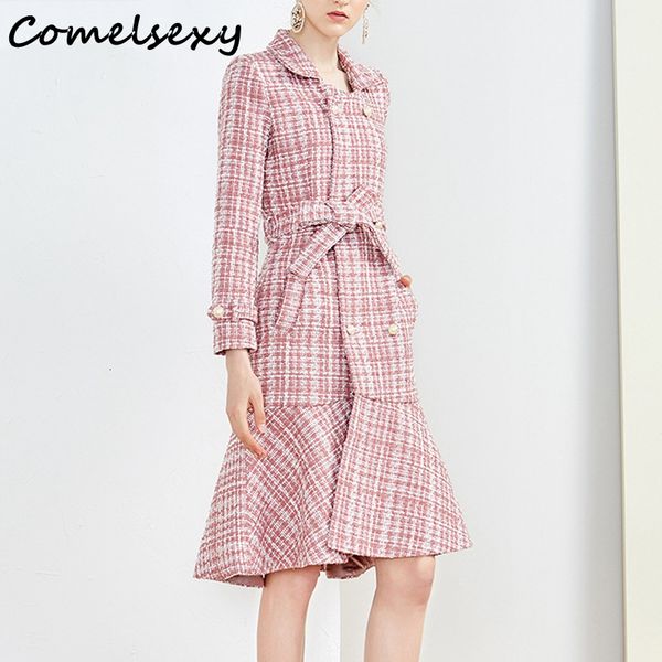 

autumn winter pink plaid tweed wool long coat women notched double dreasted sashes ruffles woolen overcoat mermaid outerwear, Black