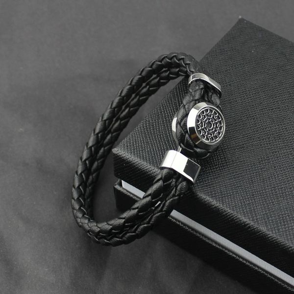 

fashion men bracelets genuine leather bracelets with stainless steel hollow out flower pattern length 20.50cm, Black