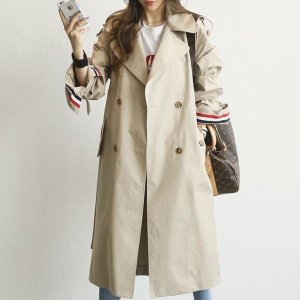

spring autumn new fashion woman classic double breasted trench coat business outerwear female loose clothing dropshipping, Tan;black