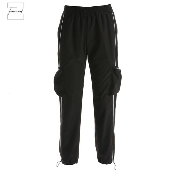 

casual harajuku black cargo pants women elastic high waist pants capris streetwear korean sweatpants stripes joggers, Black;white