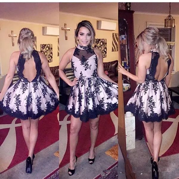 

2019 high neck lace appliques a-line homecoming dresses open back short ming vestidos de graduation party gowns prom dresses junior, Blue;pink